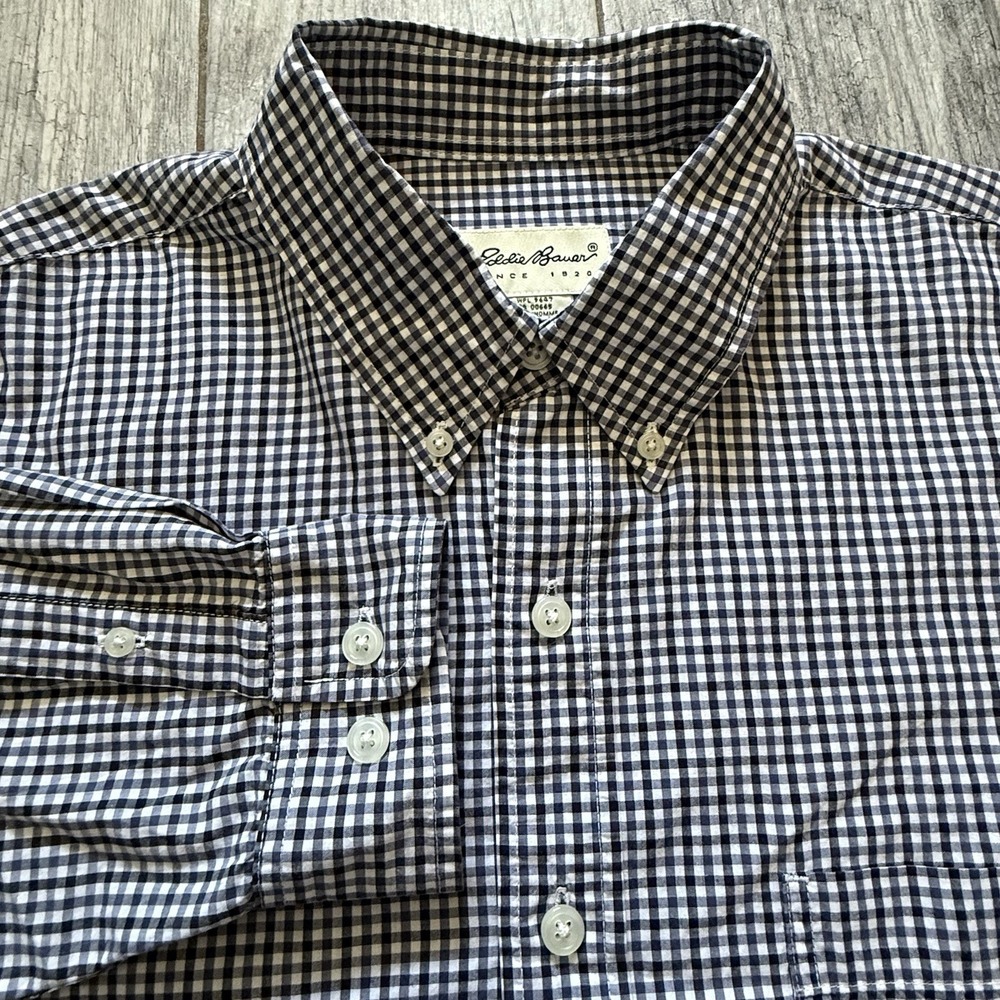 Eddie Bauer Men's Cotton Black/White Gingham‎ Long-Sleeve Button-Up Shirt Size L